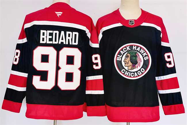 Mens Chicago Blackhawks #98 Connor Bedard Black 2024-25 Stitched Hockey Jersey